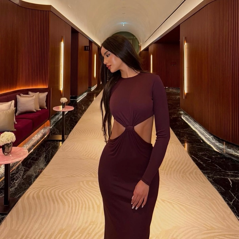 Zara Deep Burgundy Long-Sleeve Cutout Midi Dress